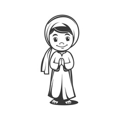 Cartoon illustration of a young person in traditional Islamic attire praying