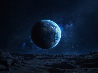 A single planet in endless dark space background illustration, concept of astronomy and fantasy space landscape