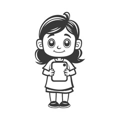 Cute Cartoon Girl Holding Tablet, Monochrome Illustration