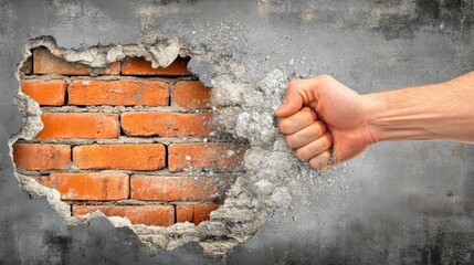Powerful punch breaking brick wall concept