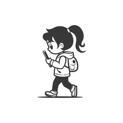 Fototapeta premium Monochrome illustration: Girl with backpack using smartphone while walking
