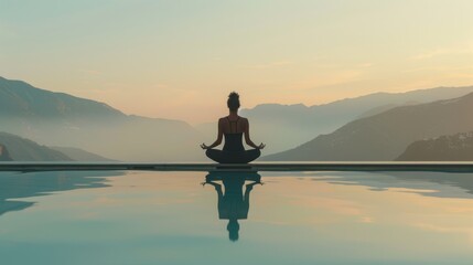 The woman meditating by pool