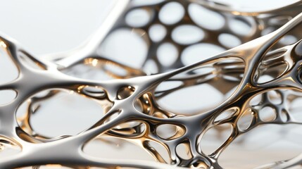 Abstract metallic network structure. Closeup of a shiny, silver, abstract network structure resembling a web or lattice. The intricate design creates a sense of depth and complexity.