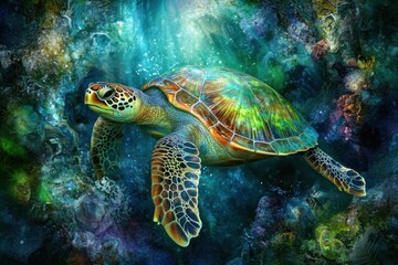 Fototapeta premium Majestic sea turtle swimming in vibrant ocean habitat