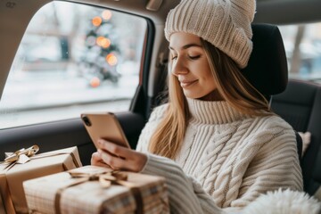 A woman is sitting in a car with a phone in her hand and a box of gifts in front of her