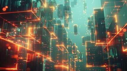 Fototapeta premium Abstract cityscape of interconnected blocks. Futuristic city with glowing lines and neon lights, representing digital networks and interconnectedness.