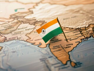 Naklejka premium A small flag of India is placed on a map of the world. The flag is green, white, and red