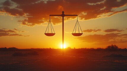 Balanced scales silhouette vibrant sunset sky