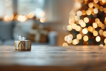 A small gold box with a white bow sits on a wooden table. The room is decorated with a Christmas tree and a couch. Scene is festive and cozy, with the box representing the joy of giving