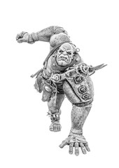 ogre warrior in barreling down pose is isolated on white background