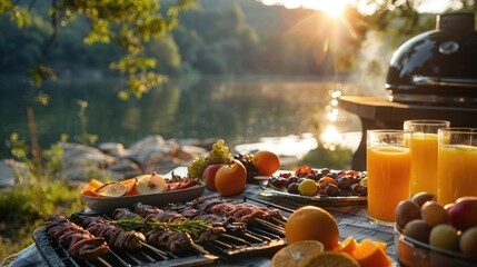 Outdoor picnic by the lake during sunset