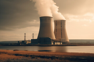 Nuclear power plant in natural landscape background