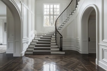 Obraz premium Spacious modern interior with grand staircase and windows