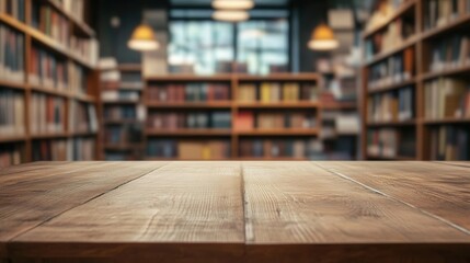 Empty table with blurred bookstore interior, cozy and intellectual