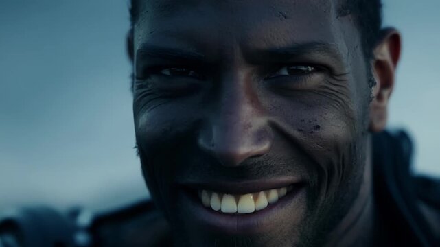 The camera focuses in on the confident smirk of a mutant warrior as they revel in their strength and power in a closeup shot.