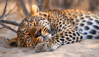 Naklejka premium A leopard is peacefully sleeping on the soft sand underneath the shade of a tree