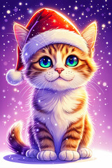 Cute, cartoon-style cat wearing a Santa hat with a red and white striped pattern, sitting on a snowy surface with a starry night sky background.