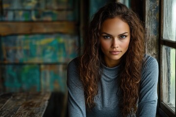 Fototapeta premium A woman is posing thoughtfully by a window in a rustic indoor environment