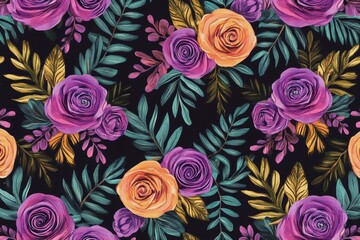 Vibrant floral pattern with roses on dark background