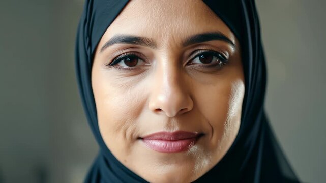 Portrait of a woman in a black hijab with a slight smile on her face.
Concept: traditional clothing culture, muslim girl in islam