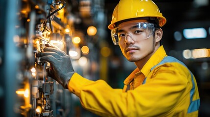 Electrician adjusts wiring and checks connections in an industrial control panel