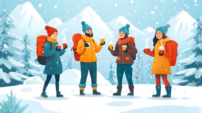 Cartoon characters participating in a New Year's Day hike with winter scenery hot drinks and cheerful company