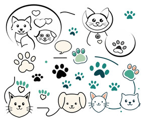 Cat, dog paw cute talk speech bubble design. Puppy round footprint badge. Vector illustration