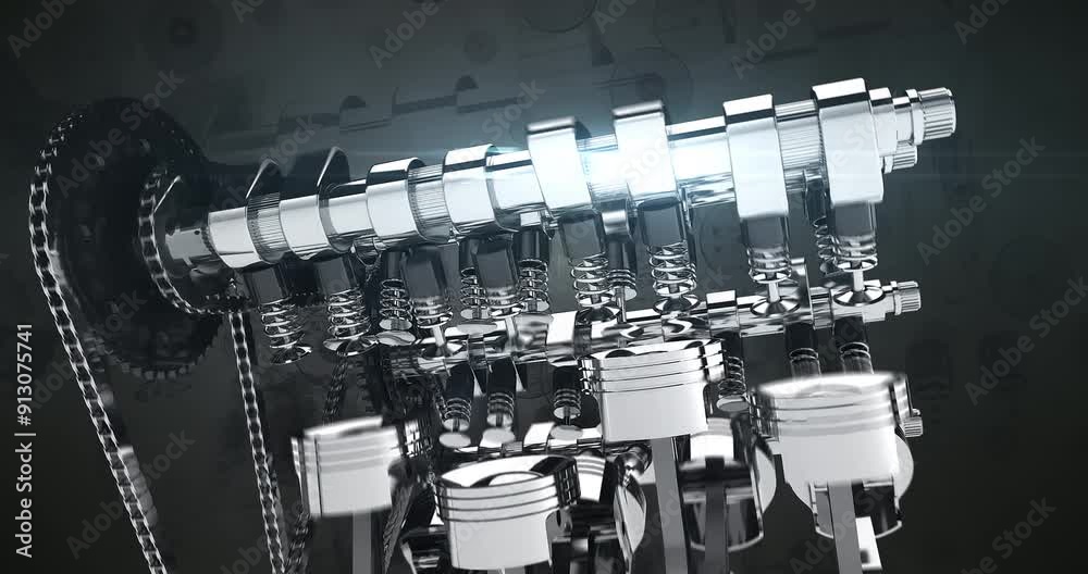 Poster shiny v8 powerful engine parts in motion. pistons, chains and crankshaft moving. industry related hi