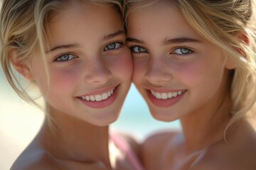 Two blonde haired women are smiling joyfully in a bright outdoor setting