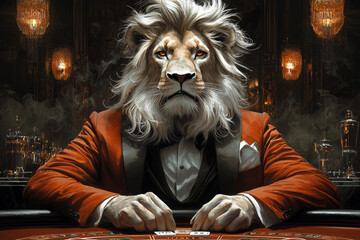 Obraz premium Animal Lion plays poker blackjack in a casino, fantasy