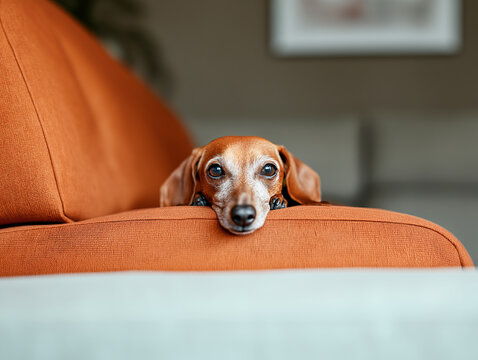 Cute Dachshund Resting on Orange Couch in Cozy Living Room