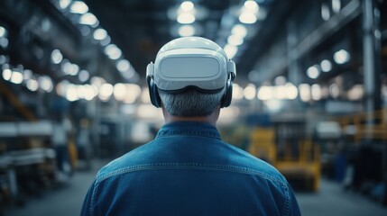 A middle-aged man wearing a white helmet and blue denim shirt with VR glasses in a factory area