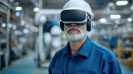 a middle aged man wearing a white hard hat and blue shirt with a VR headset in production