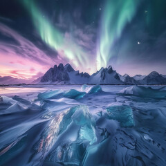 Naklejka premium A stunning display of the aurora borealis illuminates the night sky over Iceland, showcasing vibrant northern lights.