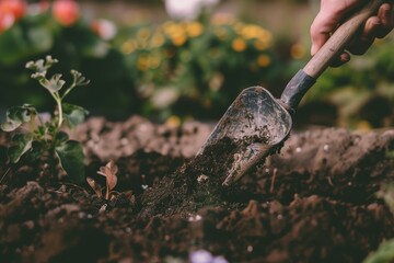 Planting Seedlings in a Flower Bed During a Sunny Afternoon in Spring