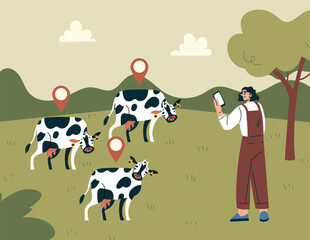 Modern Agriculture Equipment with Woman Character Monitor Cow Vector Illustration