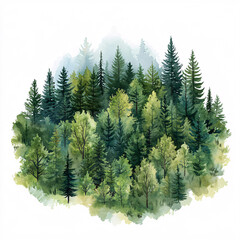 Fototapeta premium Watercolor Forest Landscape: A whimsical watercolor painting of a lush forest, capturing the tranquility and beauty of nature. The painting features a variety of trees, including pines and deciduous t