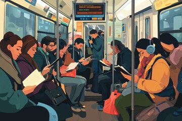An animated depiction of subway passengers absorbed in reading during their commute, capturing the modern urban lifestyle, interaction, and the serene focus of individuals in transit.