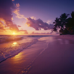A picturesque sunset over a beach, with palm trees gently swaying against the colorful sky.