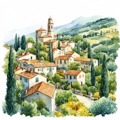 Obraz premium Tranquil Watercolor Painting of Charming Rustic Village Amidst Rolling Hills