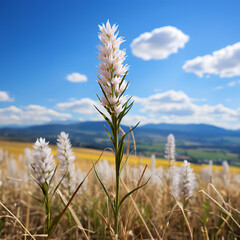 Obraz premium A serene field of tall grass under a clear blue sky, showcasing nature's beauty and tranquility.