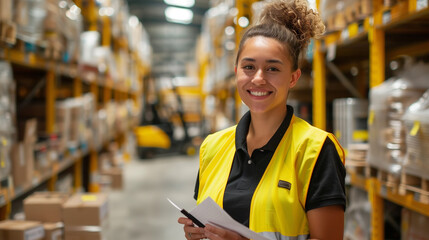 Naklejka premium A young afro-haired woman in a safety vest stands holding a board noting work observations in a warehouse.