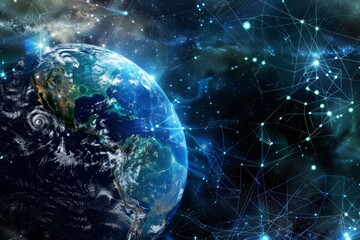 A blue planet with a network of lines surrounding it. The planet is the center of the image and the lines are the stars. Concept of wonder and awe at the vastness of the universe