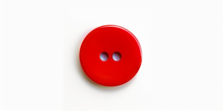 A red button with two holes in the middle. The button is placed on a white background. The button is round and has a shiny appearance