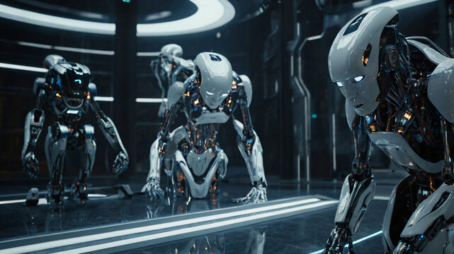 Futuristic art with cyborg existence. AI technology and intelligence progress