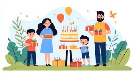 Extended family celebrating a joyous birthday outdoors with a picnic setup featuring cake and gifts in a festive atmosphere