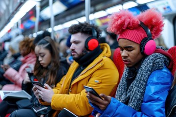 A snapshot of subway riders deeply engaged with their smartphones and music, showcasing the modern urban commuting scene with technology at its core.