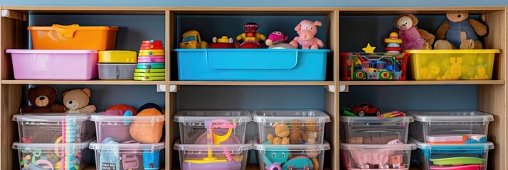 Organizing and Storage Solutions for Children s Toys in Transparent Plastic Containers on Shelves Storage Box with Labeled Sticker for Toy Organization in Nursery