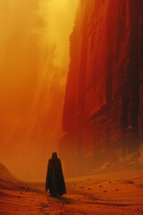 A lone figure stands in a vast desert landscape, creating a breathtaking scene of mystery