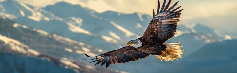 Obraz premium An eagle soars high in the sky above the mountains, spreading its wings